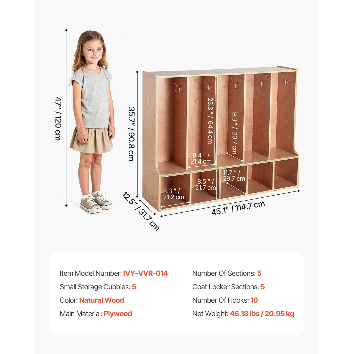5-Section Kids Coat Locker, Wooden Toddler Cubby Storage Organizer with 10 Hooks & Non-Slip Mat, Modern Kid Coat Cubbies with 5 Small Open Storage Boxes for Home, Kindergarten, Daycare, Natural