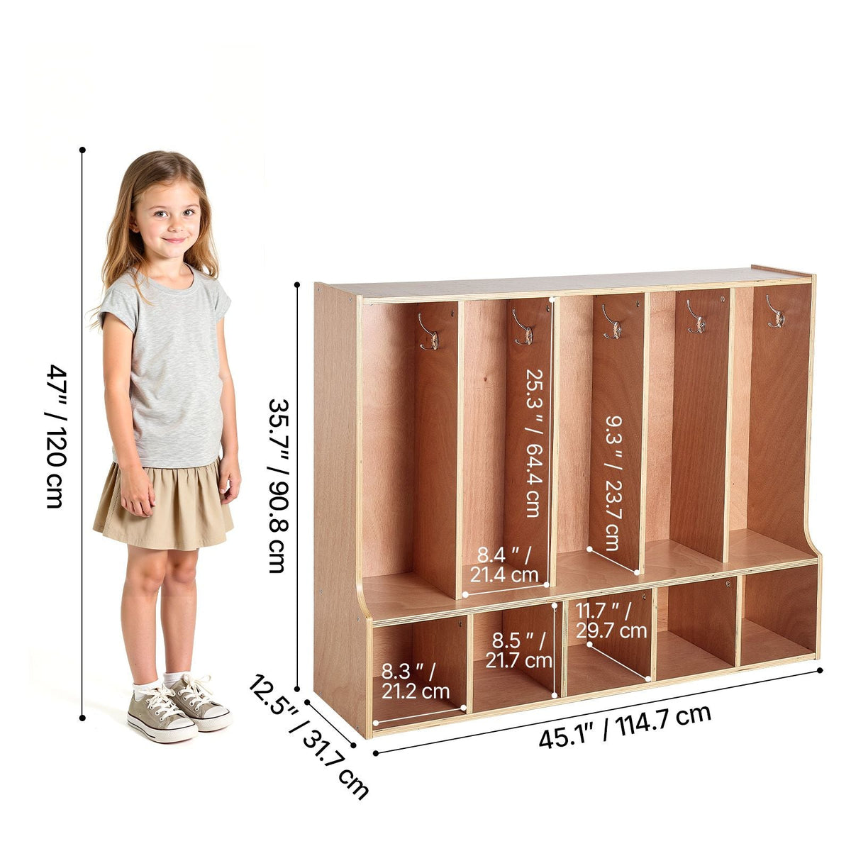 5-Section Kids Coat Locker, Wooden Toddler Cubby Storage Organizer with 10 Hooks & Non-Slip Mat, Modern Kid Coat Cubbies with 5 Small Open Storage Boxes for Home, Kindergarten, Daycare, Natural