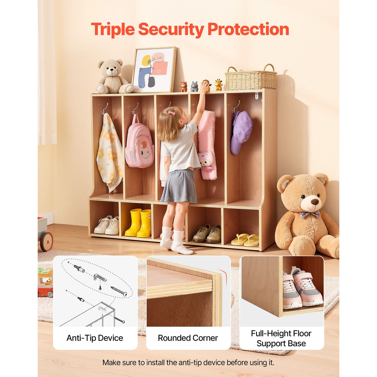 5-Section Kids Coat Locker, Wooden Toddler Cubby Storage Organizer with 10 Hooks & Non-Slip Mat, Modern Kid Coat Cubbies with 5 Small Open Storage Boxes for Home, Kindergarten, Daycare, Natural