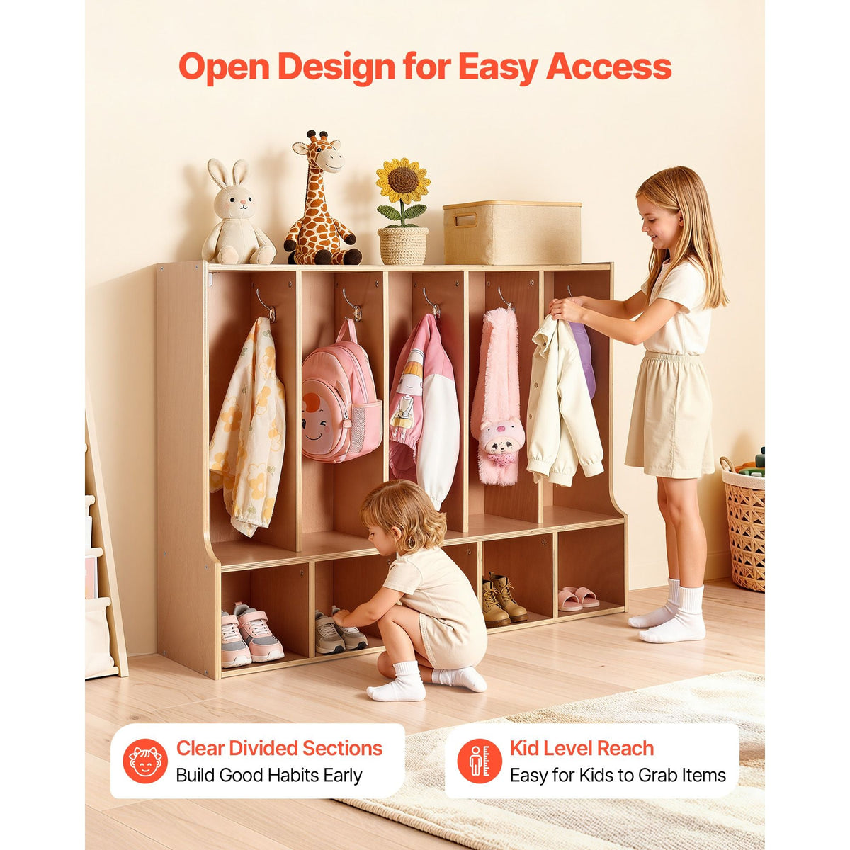 5-Section Kids Coat Locker, Wooden Toddler Cubby Storage Organizer with 10 Hooks & Non-Slip Mat, Modern Kid Coat Cubbies with 5 Small Open Storage Boxes for Home, Kindergarten, Daycare, Natural