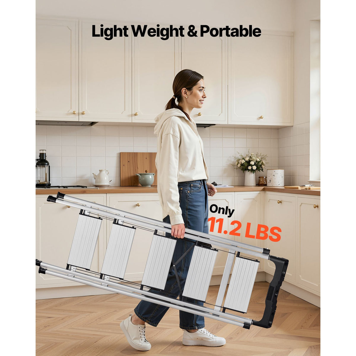 5 Step Ladder, Folding Step Stool with Wide Anti-Slip Pedal and Comfort Handgrip, 330 lbs Capacity Portable Aluminum Stepladder, Multi-Use for Kitchen, Warehouse, Household and Office, Silver