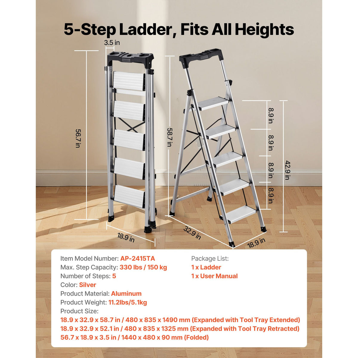 5 Step Ladder, Folding Step Stool with Wide Anti-Slip Pedal and Comfort Handgrip, 330 lbs Capacity Portable Aluminum Stepladder, Multi-Use for Kitchen, Warehouse, Household and Office, Silver