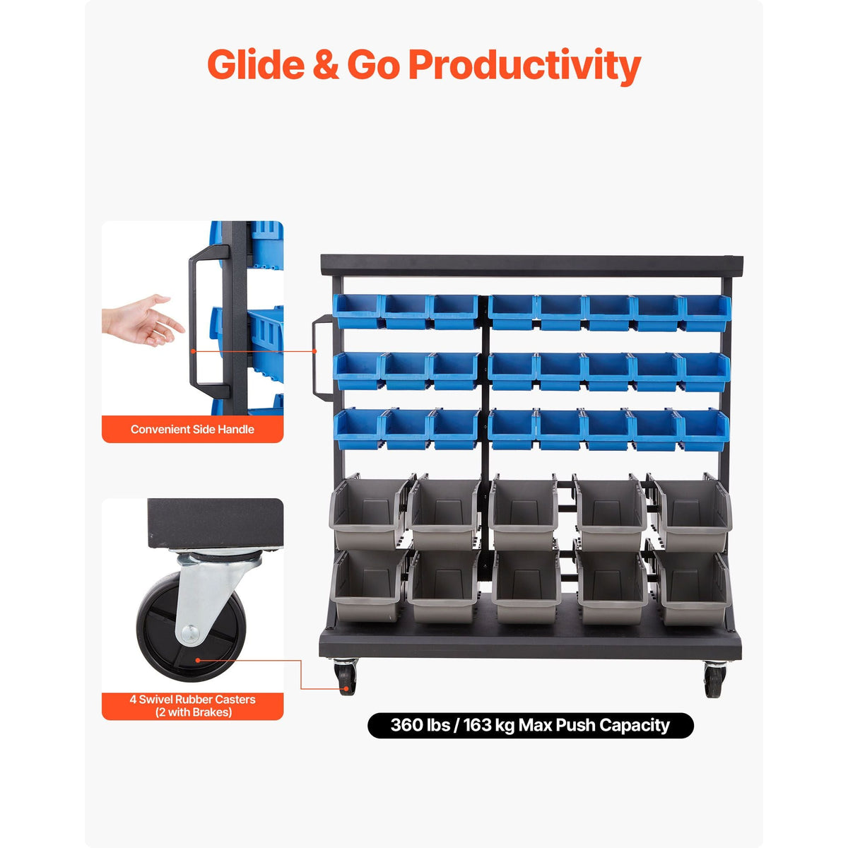 5-Tier Double-Sided Rolling Bin Storage Rack, 68 Organizer Bins, Dual-Sided Parts Organizer with Wheels, Mobile Tool Organizer Plastic Bins for Garage, Warehouse, Office, Restaurant, Classroom