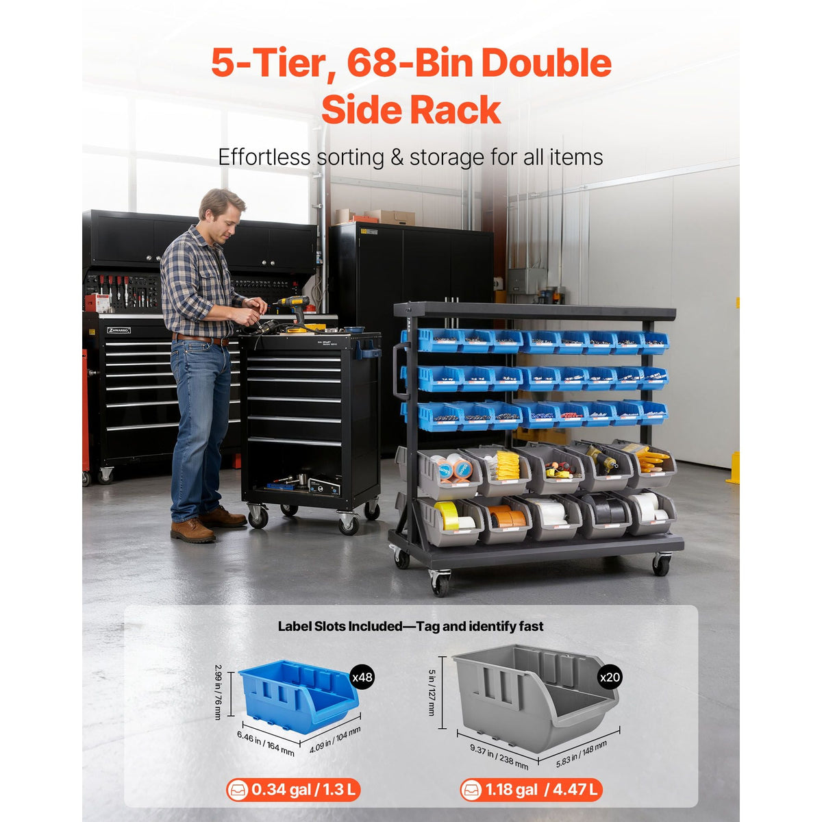 5-Tier Double-Sided Rolling Bin Storage Rack, 68 Organizer Bins, Dual-Sided Parts Organizer with Wheels, Mobile Tool Organizer Plastic Bins for Garage, Warehouse, Office, Restaurant, Classroom