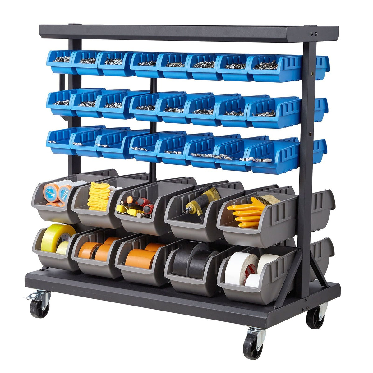 5-Tier Double-Sided Rolling Bin Storage Rack, 68 Organizer Bins, Dual-Sided Parts Organizer with Wheels, Mobile Tool Organizer Plastic Bins for Garage, Warehouse, Office, Restaurant, Classroom
