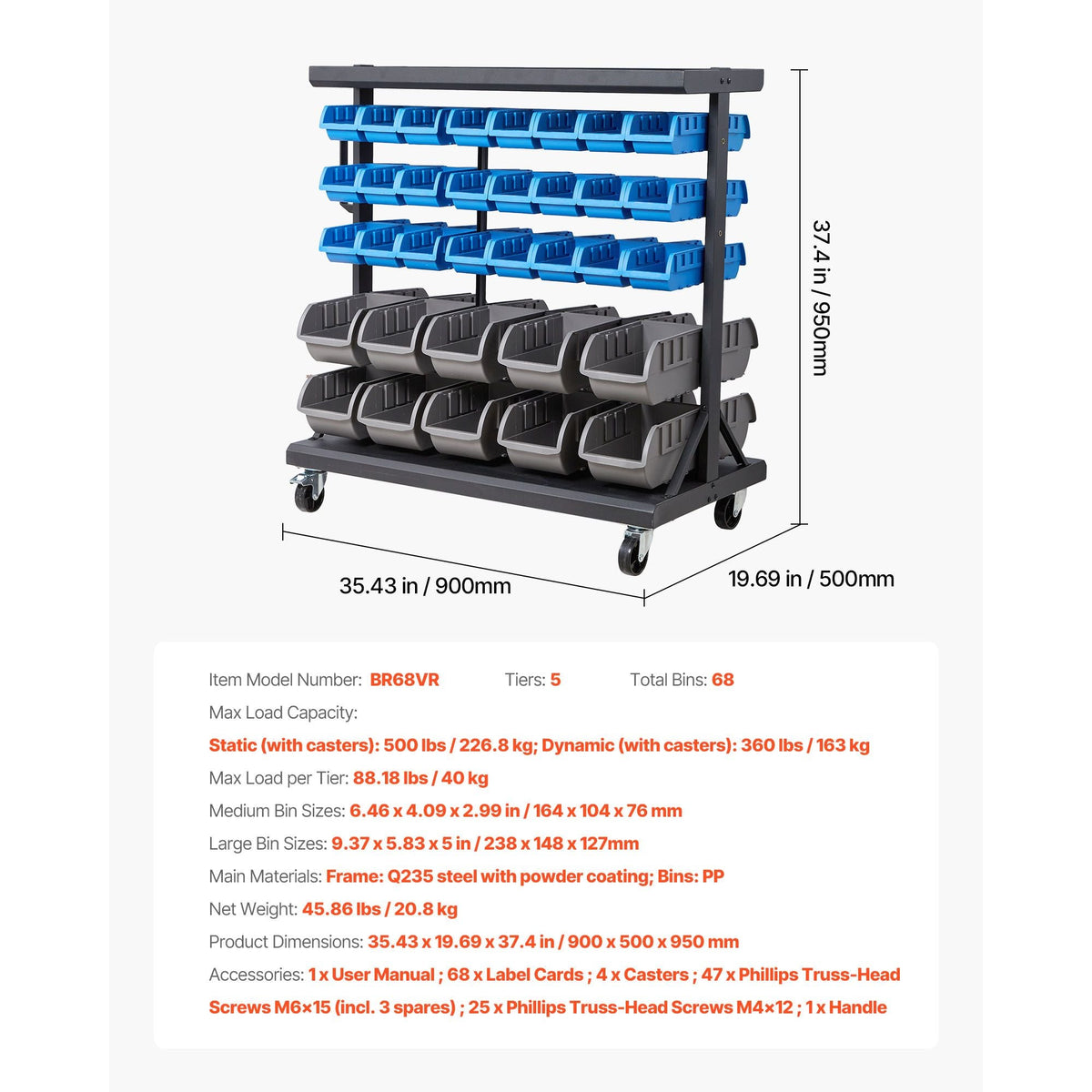 5-Tier Double-Sided Rolling Bin Storage Rack, 68 Organizer Bins, Dual-Sided Parts Organizer with Wheels, Mobile Tool Organizer Plastic Bins for Garage, Warehouse, Office, Restaurant, Classroom
