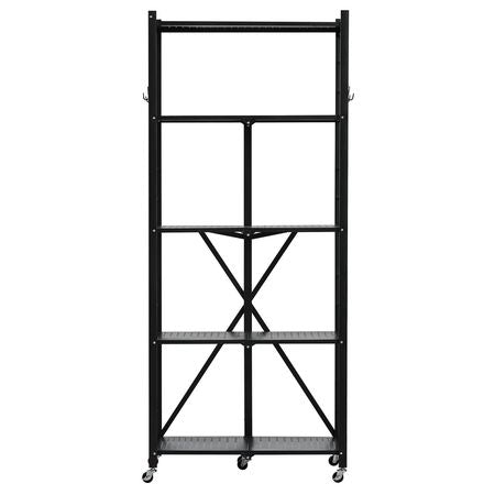 5-Tier Foldable Storage Shelf, 28W x 13D x 66H Inch Folding Metal Rack Shelving Unit, No Assembly Organizer Shelf with 5 Wheels & 4 Hooks for Pantry, Kitchen, Garage, Basement, Black