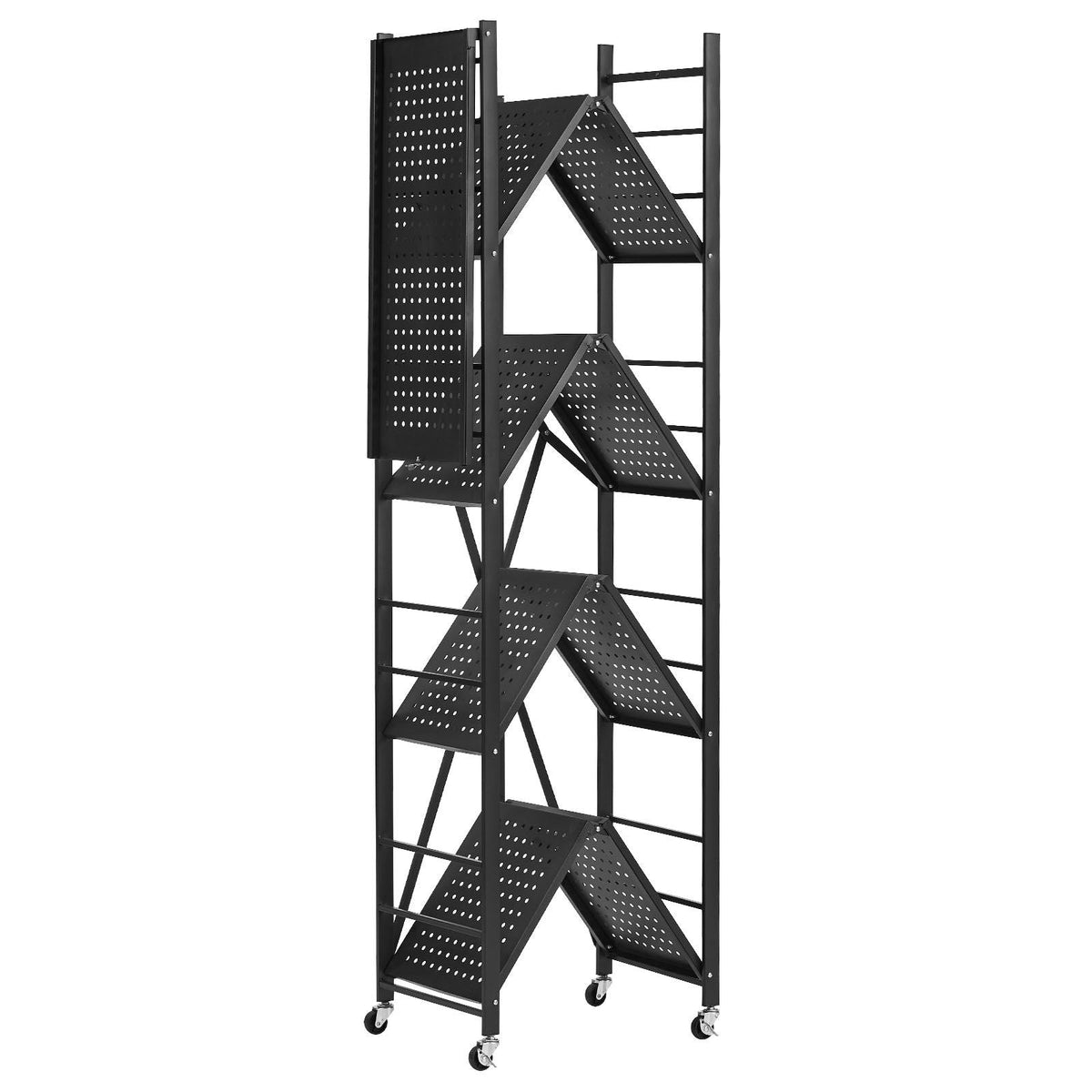 5-Tier Foldable Storage Shelf, 28W x 13D x 66H Inch Folding Metal Rack Shelving Unit, No Assembly Organizer Shelf with 5 Wheels & 4 Hooks for Pantry, Kitchen, Garage, Basement, Black