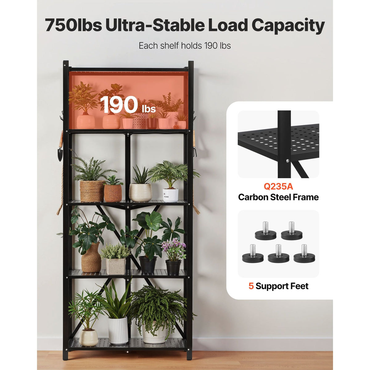 5-Tier Foldable Storage Shelf, 28W x 13D x 66H Inch Folding Metal Rack Shelving Unit, No Assembly Organizer Shelf with 5 Wheels & 4 Hooks for Pantry, Kitchen, Garage, Basement, Black