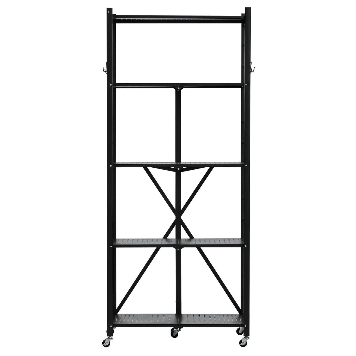 5-Tier Foldable Storage Shelf, 28W x 13D x 66H Inch Folding Metal Rack Shelving Unit, No Assembly Organizer Shelf with 5 Wheels & 4 Hooks for Pantry, Kitchen, Garage, Basement, Black