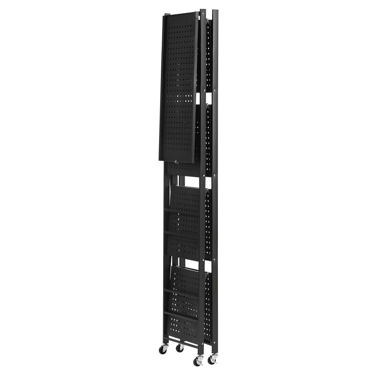 5-Tier Foldable Storage Shelf, 28W x 13D x 66H Inch Folding Metal Rack Shelving Unit, No Assembly Organizer Shelf with 5 Wheels & 4 Hooks for Pantry, Kitchen, Garage, Basement, Black