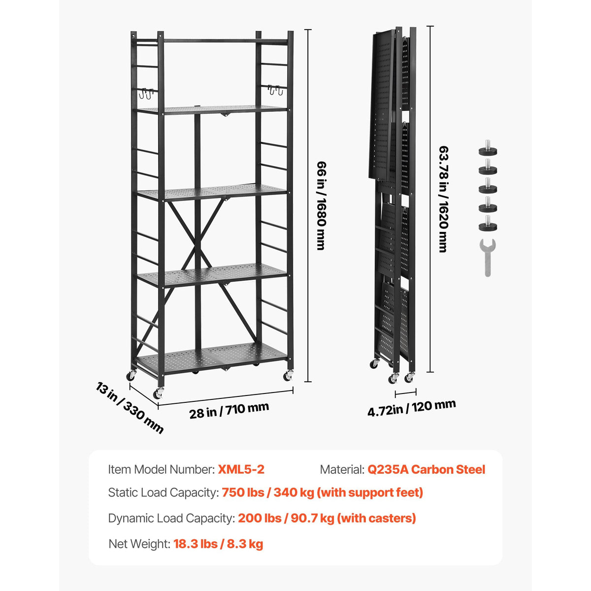 5-Tier Foldable Storage Shelf, 28W x 13D x 66H Inch Folding Metal Rack Shelving Unit, No Assembly Organizer Shelf with 5 Wheels & 4 Hooks for Pantry, Kitchen, Garage, Basement, Black