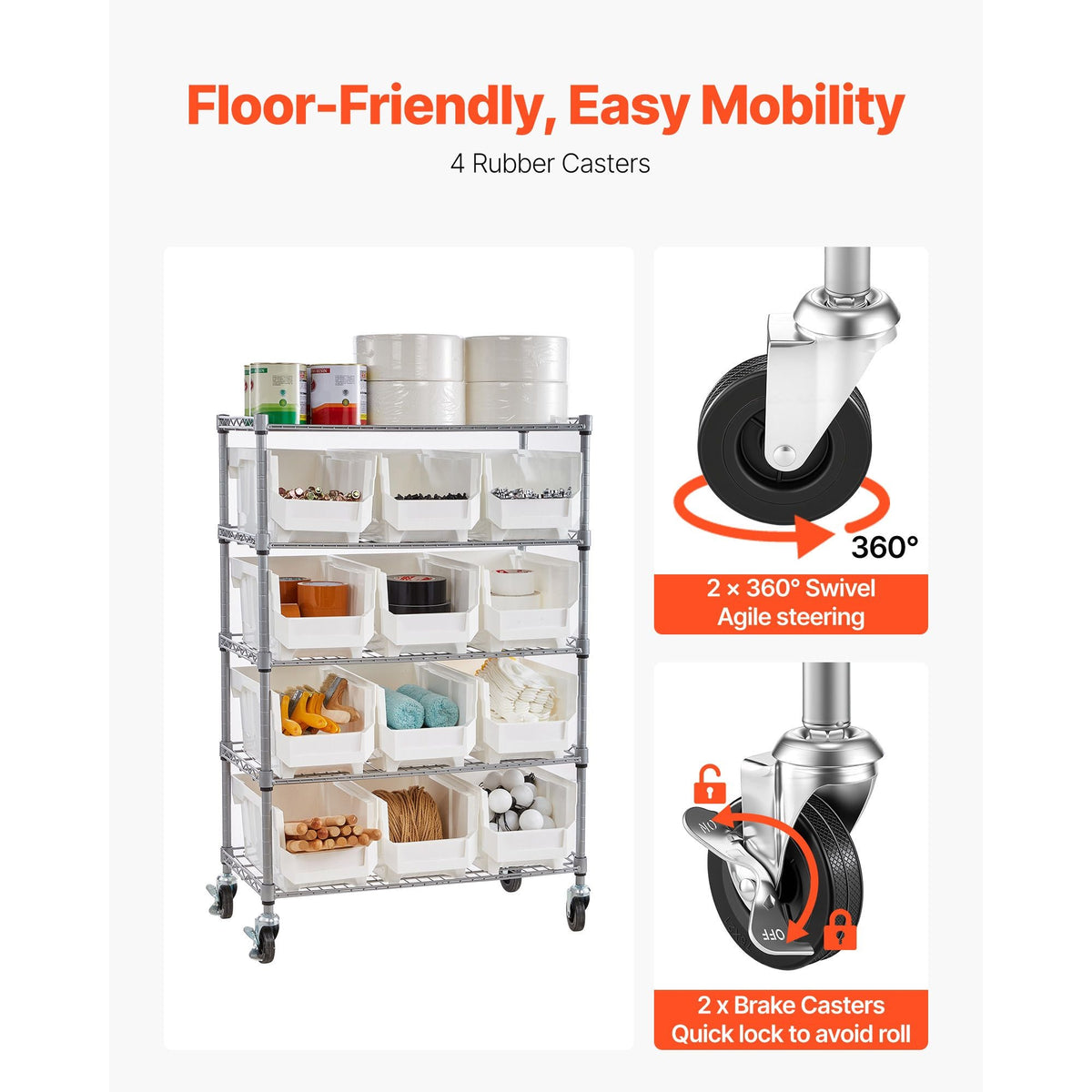 5-Tier Rolling Bin Storage Rack, 12 Organizer Bins, Bin Rack Storage Steel Wire Shelving System with Wheels, Mobile Tool Organizer for Garage, Warehouse, Office, Restaurant, Classroom, Kitchen