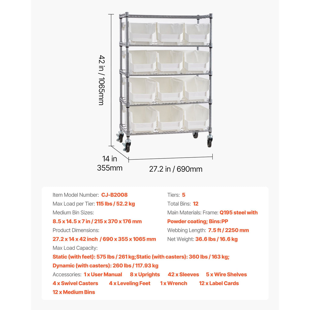 5-Tier Rolling Bin Storage Rack, 12 Organizer Bins, Bin Rack Storage Steel Wire Shelving System with Wheels, Mobile Tool Organizer for Garage, Warehouse, Office, Restaurant, Classroom, Kitchen