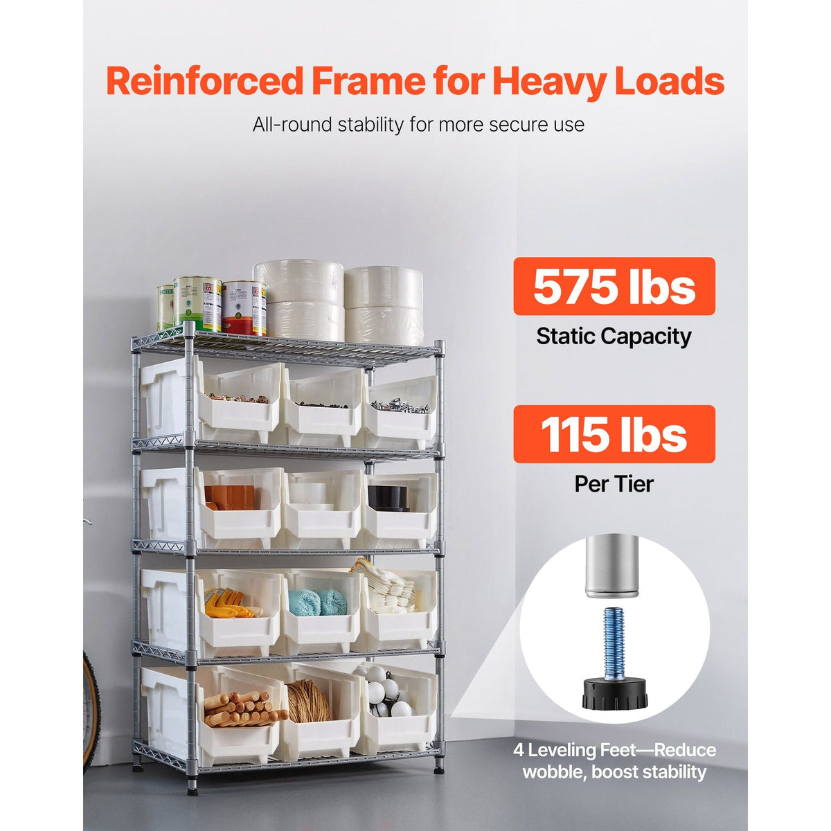 5-Tier Rolling Bin Storage Rack, 12 Organizer Bins, Bin Rack Storage Steel Wire Shelving System with Wheels, Mobile Tool Organizer for Garage, Warehouse, Office, Restaurant, Classroom, Kitchen