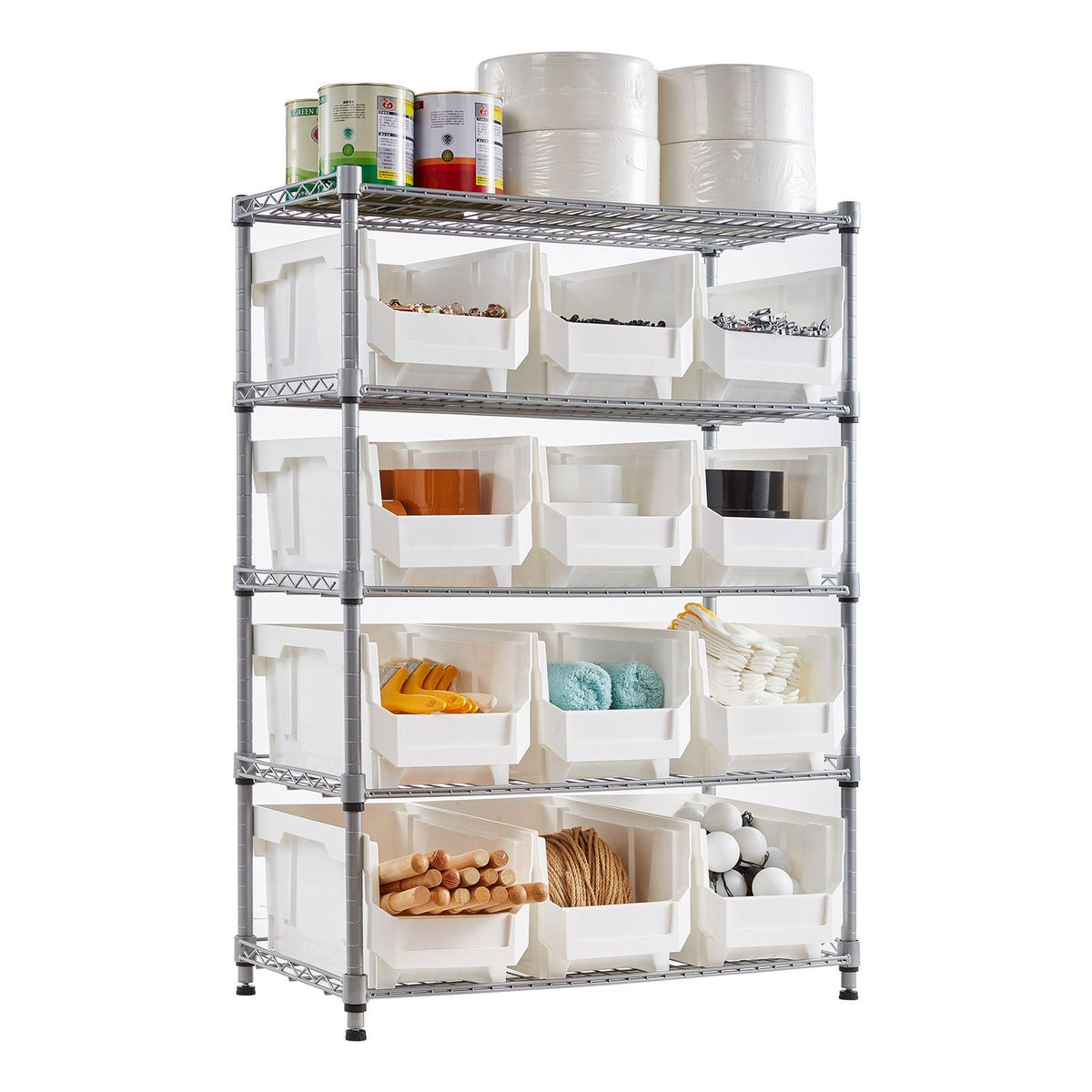 5-Tier Rolling Bin Storage Rack, 12 Organizer Bins, Bin Rack Storage Steel Wire Shelving System with Wheels, Mobile Tool Organizer for Garage, Warehouse, Office, Restaurant, Classroom, Kitchen