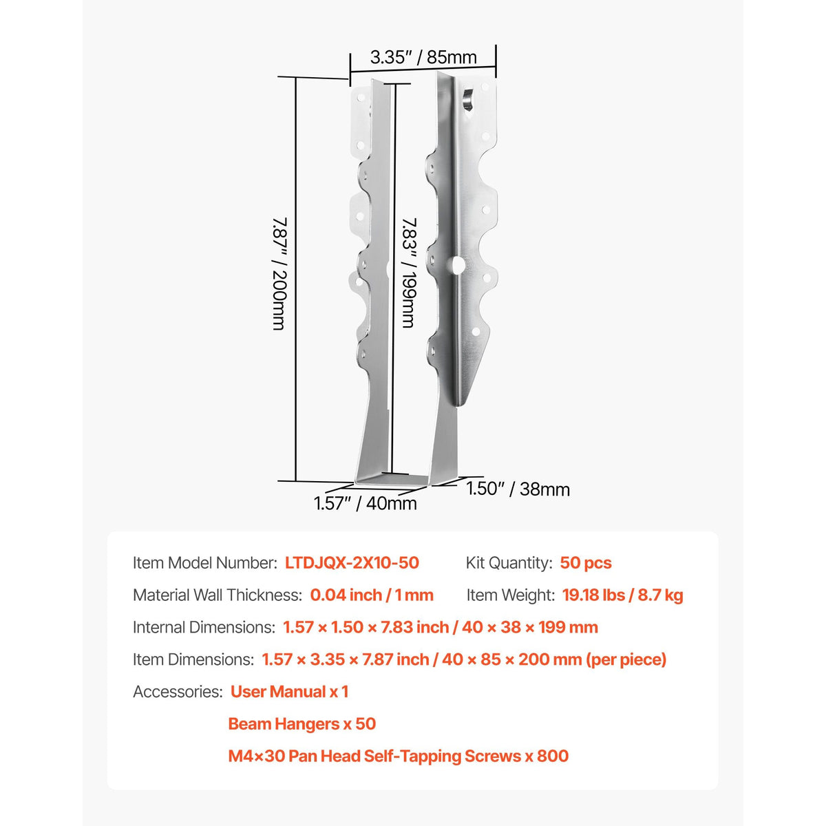 50 Pcs Joist Hanger, Inner Dimensions 1.57 x 1.50 x 7.83 inch / 40 x 38 x 199 mm, Rafter Hurricane Ties Joist Hangers with Rustproof Coating, Tie Brackets for Floor Deck and Ceiling Trusses