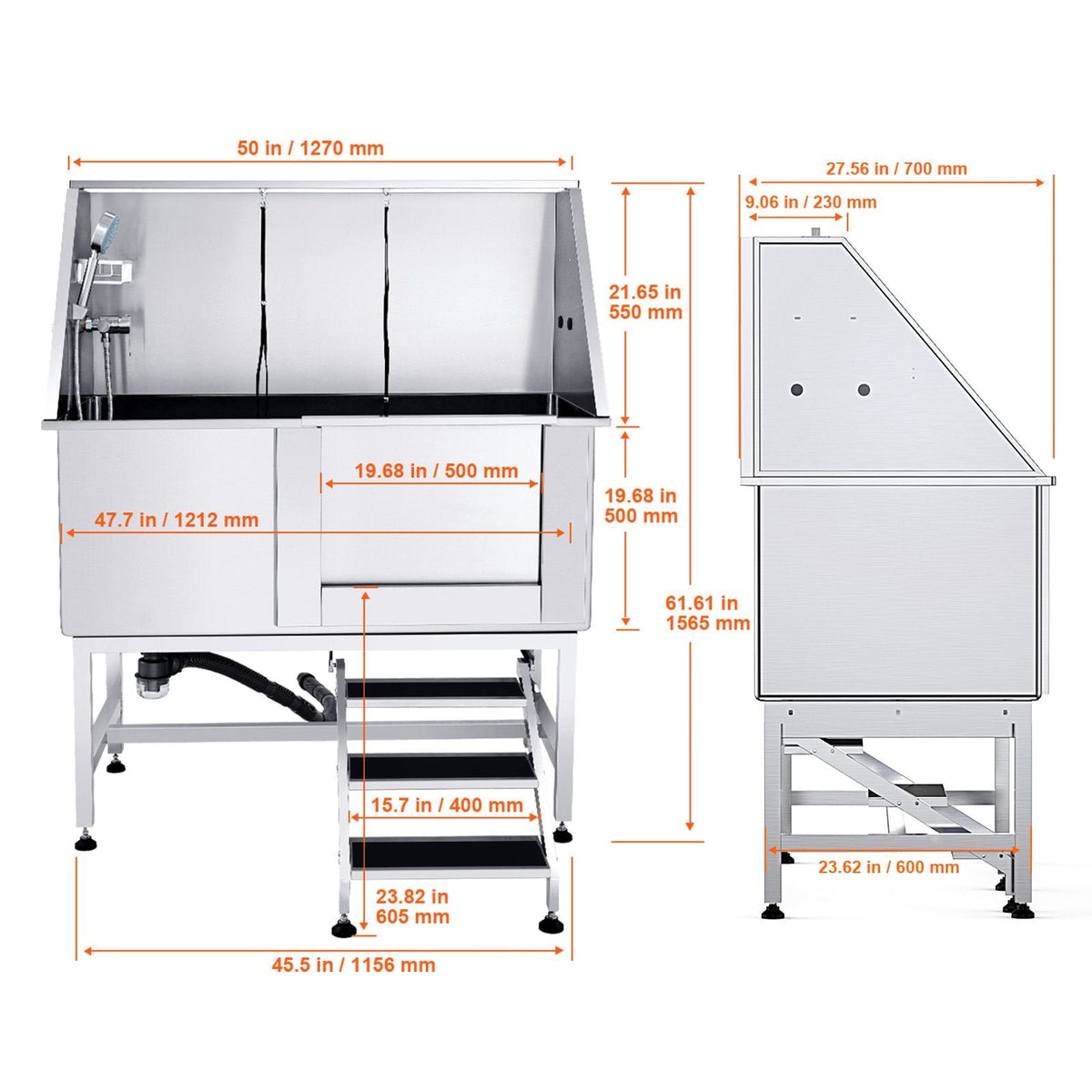 50" Pet Dog Bathing Station w/Stairs, Professional Stainless Steel Dog Grooming Tub w/ Soap Box, Faucet,Rich Accessory, Dog Bathtub for Large,Medium,Small Pets, Washing Sink for Home Right