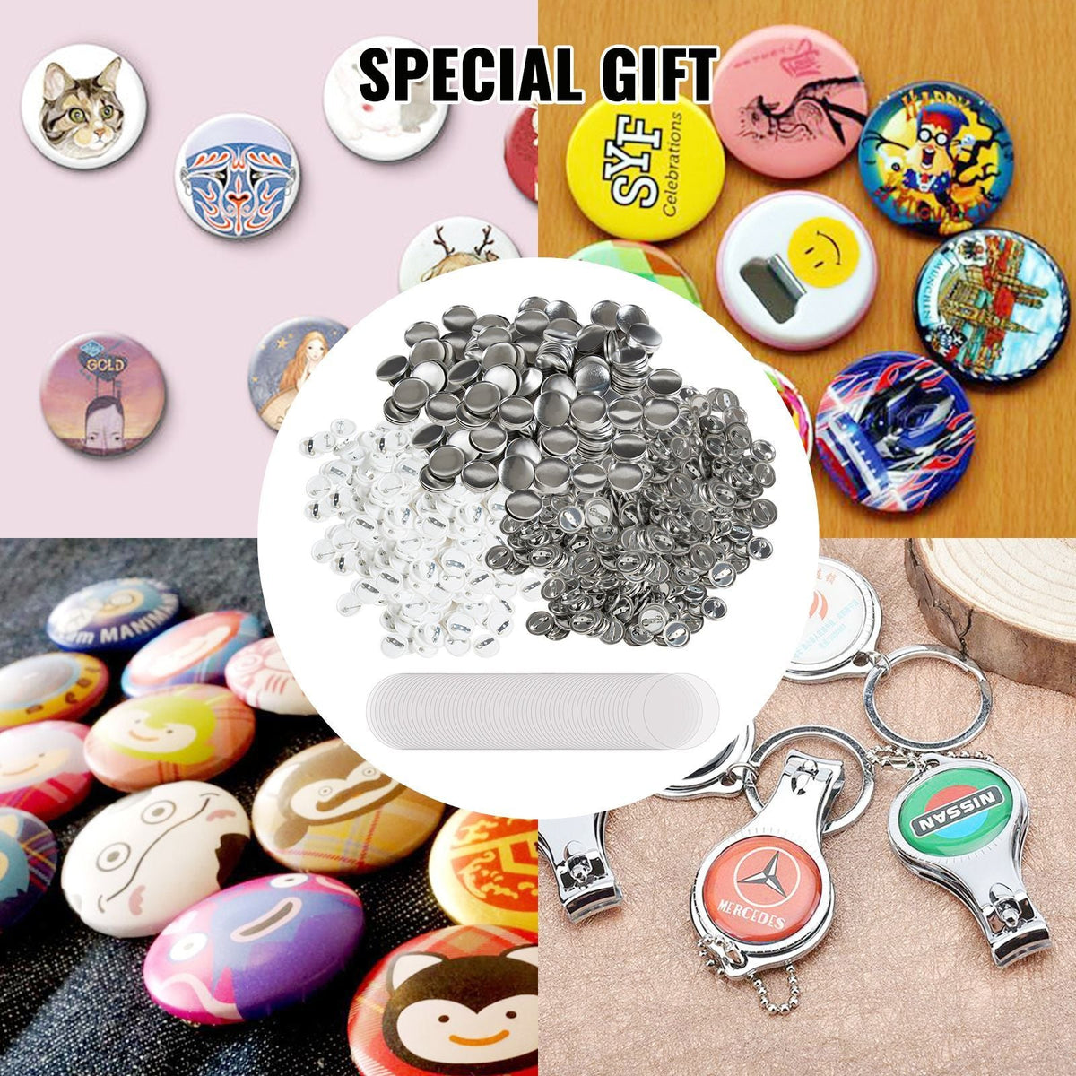 500 Sets 1 inch 25mm Pin Back Button Parts, DIY Round Button Badge Parts, Set Includes Metal Top, Plastic/Metal Button, Clear Film, and Blank Paper For Gifts Presents, Machine NOT Included