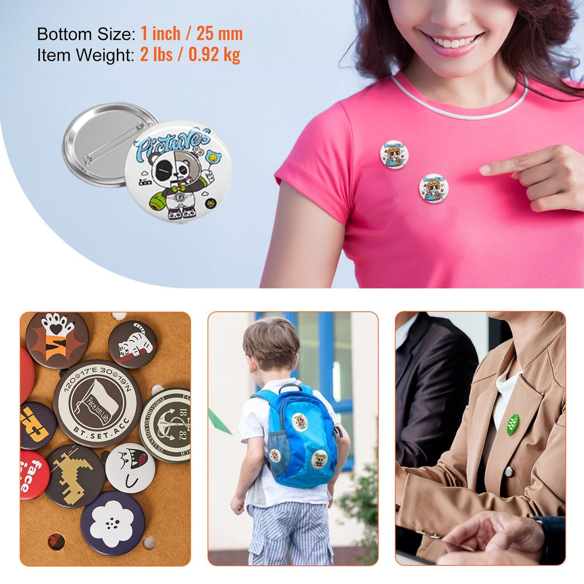 500 Sets 1 inch 25mm Pin Back Button Parts, DIY Round Button Badge Parts, Set Includes Metal Top, Plastic/Metal Button, Clear Film, and Blank Paper For Gifts Presents, Machine NOT Included