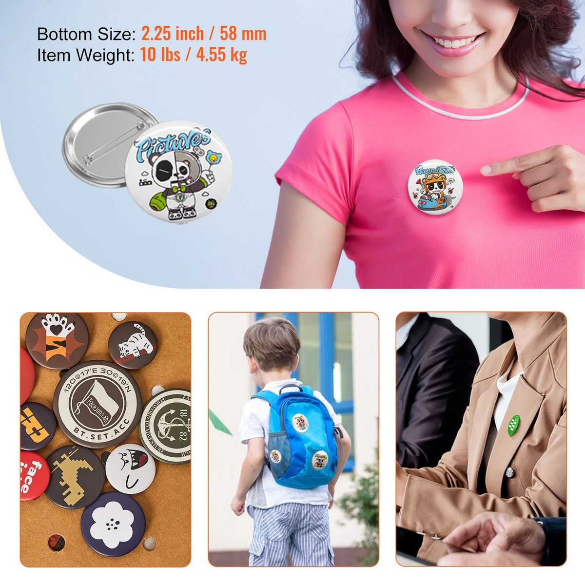 500 Sets 2.25 inch 58mm Pin Back Button Parts, DIY Round Button Badge Parts, Set Includes Metal Top, Plastic/Metal Button, Clear Film, and Blank Paper For Gifts Presents, Machine NOT Included