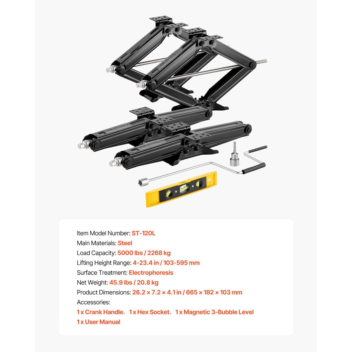 5000 lbs RV Scissor Jacks, 4-23.4 in RV Stabilizer Leveling Scissor Jacks, Set of 4, Heavy Duty Stabilizer Jack with Crank Handle, Socket and Bubble Levels, Not Easily Bent or Deformed