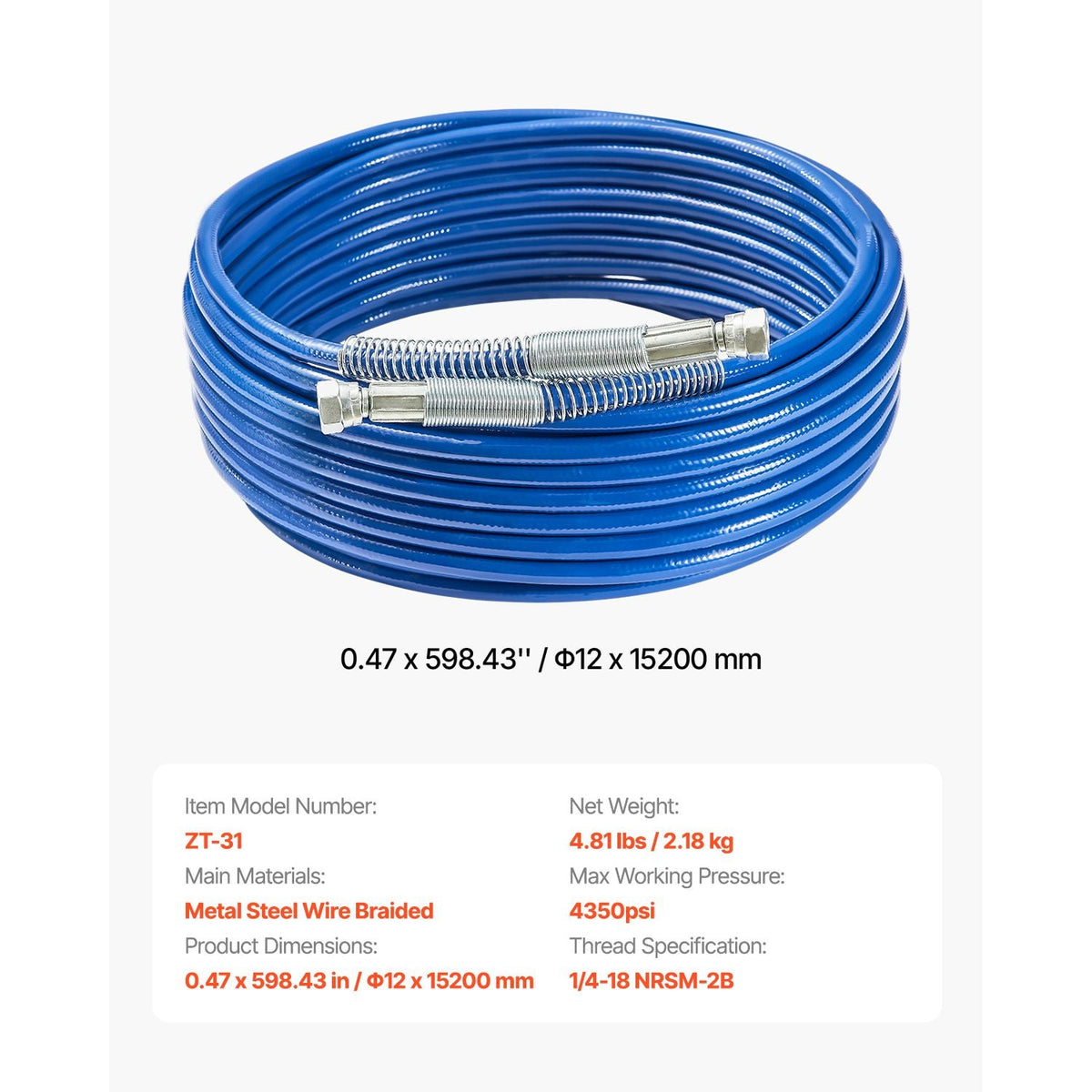 50ft Airless Paint Sprayer Hose, 1/4 in Universal Airless Paint Spray Hose, 4350 PSI High Pressure Flexible Airless Sprayer Hose, Multi-Layer Reinforced Steel Wire Braid Hose for Paint Sprayer