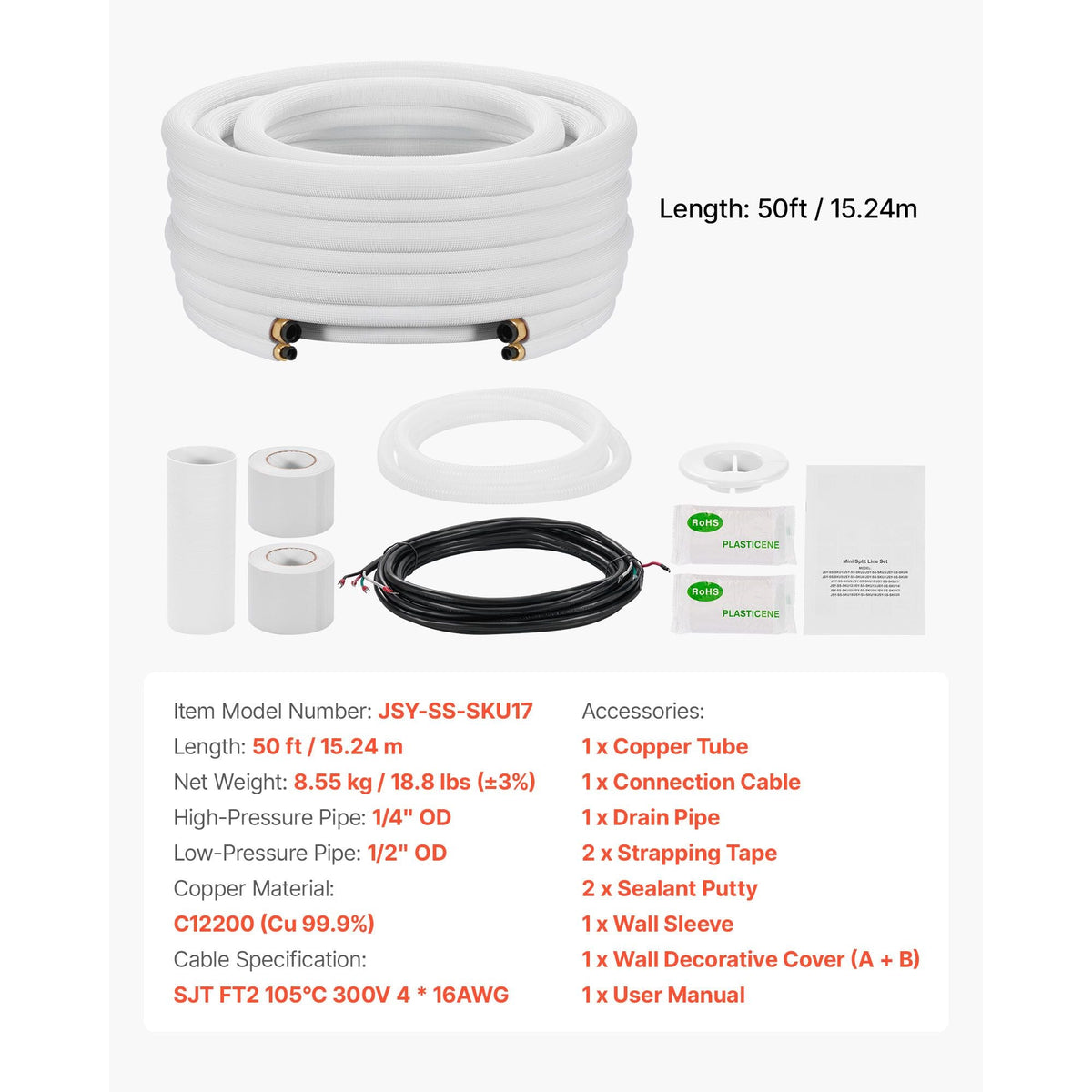 50ft Mini Split Line Set, 1/4' & 1/2' OD AC Copper Tubing Pipe, 3/8 White PE Thickened Insulated Coil with Flared Nuts, Rich Fittings, for Mini Split Air Conditioner HVAC or Heat Pump System