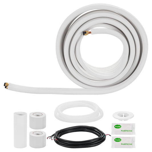 50ft Mini Split Line Set, 3/8' & 5/8' OD AC Copper Tubing Pipe, 3/8 White PE Thickened Insulated Coil with Flared Nuts, Rich Fittings, for Mini Split Air Conditioner HVAC or Heat Pump System
