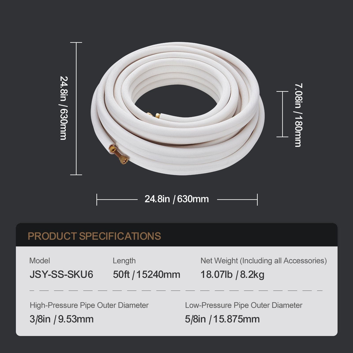 50FT Mini Split Line Set, 3/8" & 5/8" O.D Copper Pipes Tubing and Triple-Layer Insulation, for Mini Split Air Conditioning Refrigerant or Heating Pump Equipment & HVAC with Wrapping Strips.