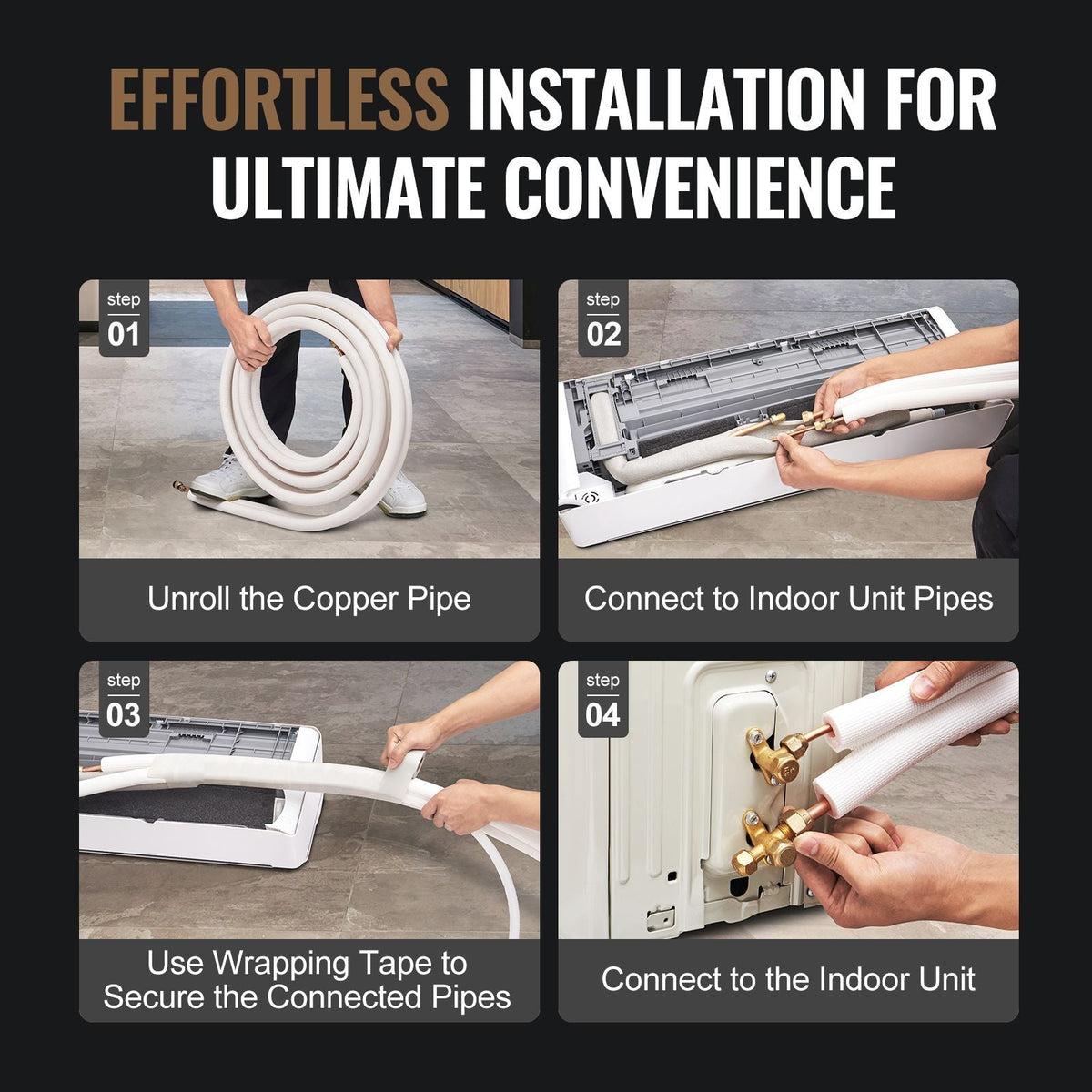 50FT Mini Split Line Set, 3/8" & 5/8" O.D Copper Pipes Tubing and Triple-Layer Insulation, for Mini Split Air Conditioning Refrigerant or Heating Pump Equipment & HVAC with Wrapping Strips.