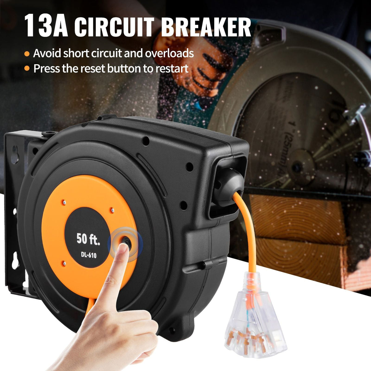 50ft Retractable Extension Cord Reel 14AWG/3CSJTOW Power Cord Reel