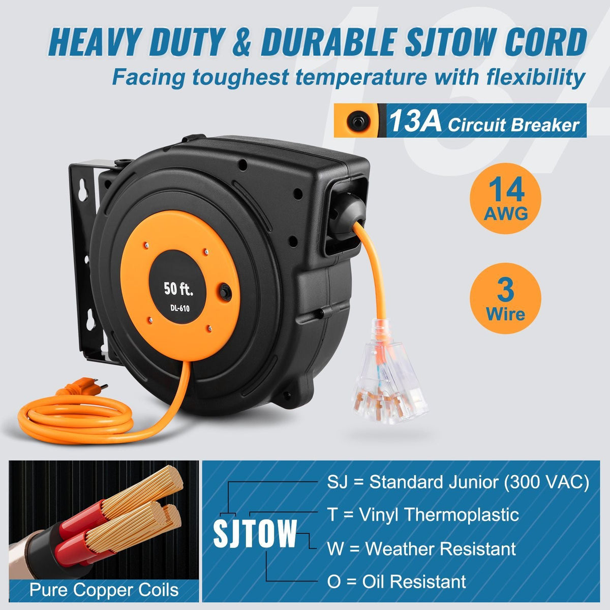 50ft Retractable Extension Cord Reel 14AWG/3CSJTOW Power Cord Reel