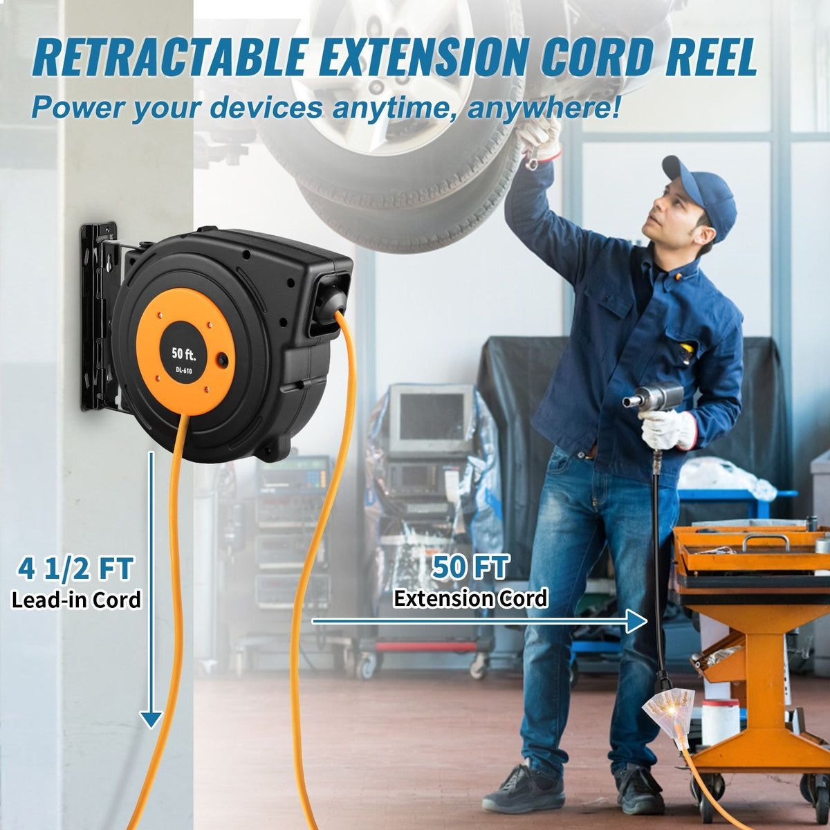 50ft Retractable Extension Cord Reel 14AWG/3CSJTOW Power Cord Reel