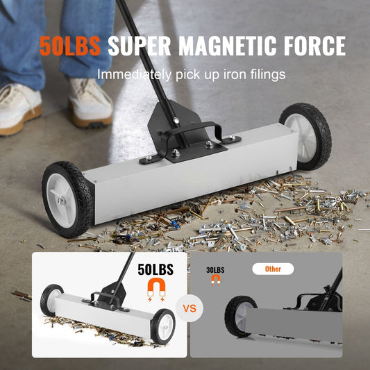 50Lbs Rolling Magnetic Sweeper with Wheels, Push-Type Magnetic Pick Up Sweeper, 24-inch Large Magnet Pickup Lawn Sweeper with Telescoping Handle, Easy Cleanup of Workshop Garage Yard
