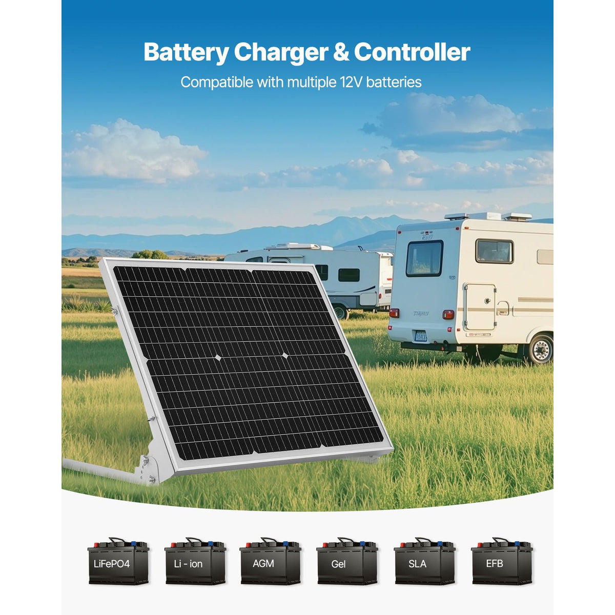 50W 12V Solar Battery Trickle Charger Maintainer, Mono Solar Panel Battery Charger with Upgraded MPPT Controller & Adjustable Mount Bracket, IP65 Waterproof for Car Boat RV Trailer House Roof