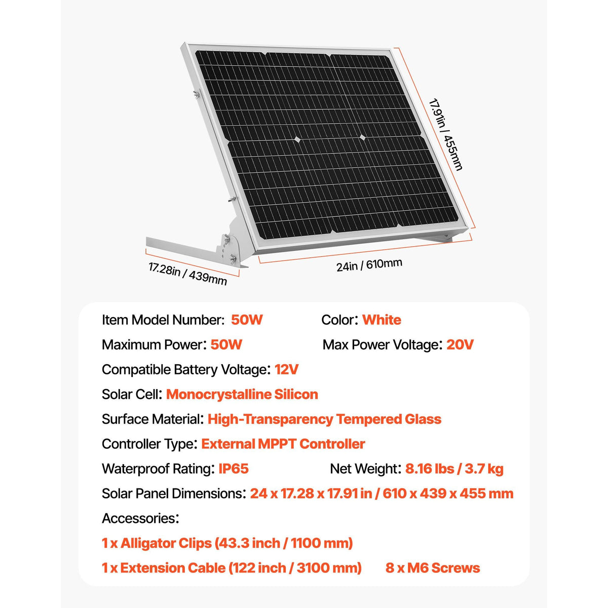 50W 12V Solar Battery Trickle Charger Maintainer, Mono Solar Panel Battery Charger with Upgraded MPPT Controller & Adjustable Mount Bracket, IP65 Waterproof for Car Boat RV Trailer House Roof