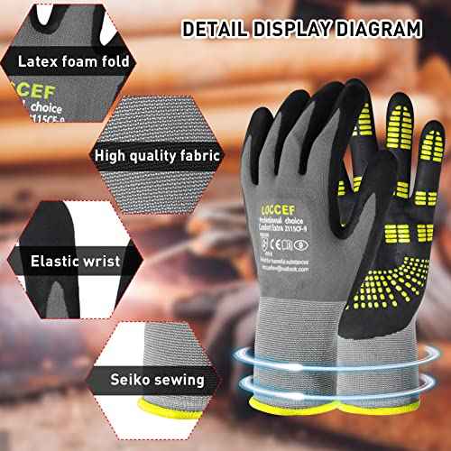 LOCCEF Safety Work Gloves MicroFoam Nitrile Coated-6 Pairs,Endurance Seamless Knit Nylon,Dots on palm,Tacky Dot Grip Gloves