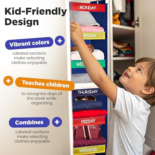 Handy Laundry Hanging Clothes Organizer for Kids - 6-Shelf Closet Daily Clothing Organization Labeled Shelves with Days of The Week Monday Through Friday, Weekday and Weekend (Blue) - color: Blue