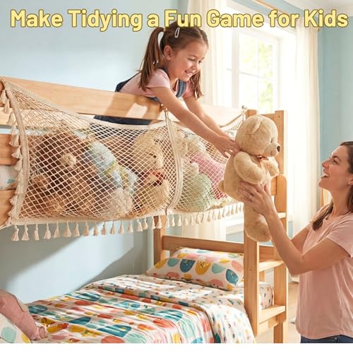Ofiray-home Stuffed Animal Hammock, Bedside Stuffed Animal Storage Net Corner - Kids Nursery Wall Bedroom Home Decor, Cotton Bedside Toy Organizer Net with Tether, Stretches up to 47.25 In, Beige