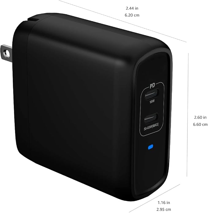 Amazon Basics 68W Two-Port GaN Wall Charger with 1 USB-C (60W) &amp 1 USB-A Ports (18W) with PD for Laptops Tablets &amp Phones (iPhone 16/15/14/13/12/11/X iPad MacPro Samsung More) Non-PPS B