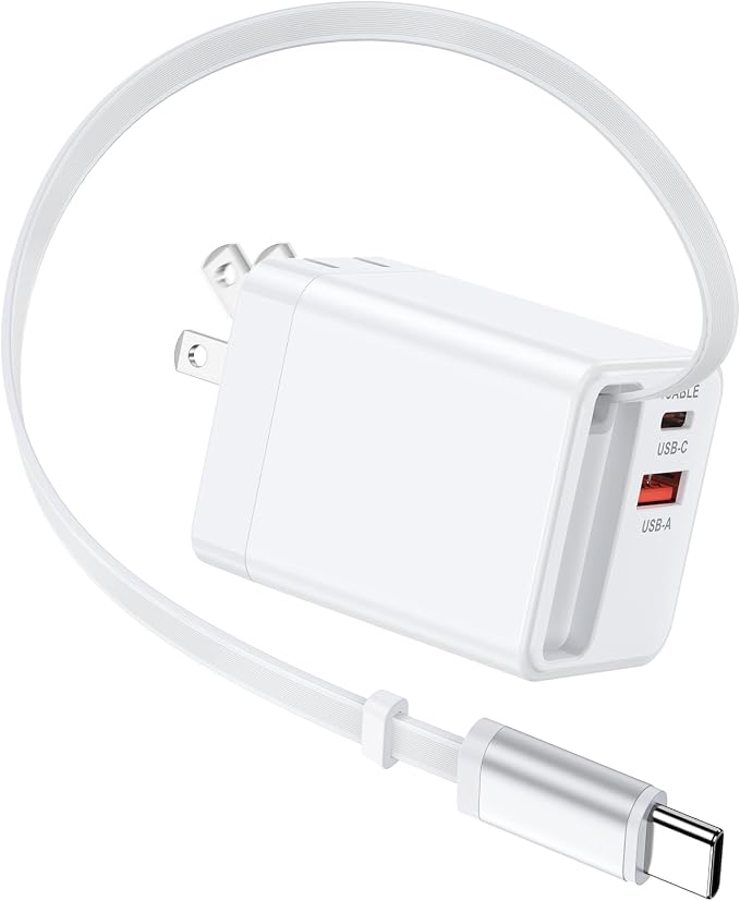 35W USB C Charger with Retractable Cable3-Port Foldable Wall Plug PD &amp QC Fast Charging Block with Type C Cable for iPhone 17e/17 Pro Max/16e/16/16 Pro Max/15/15 Plus/Samsung Galaxy S26/S25/S24/S
