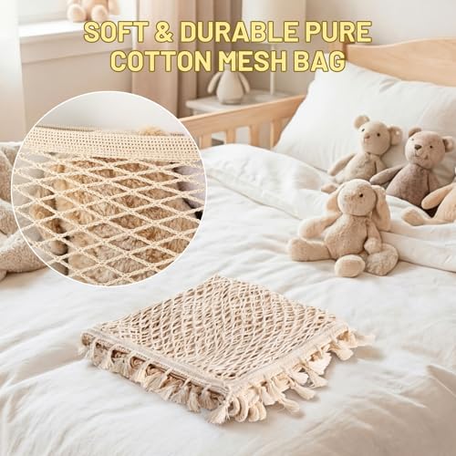 Ofiray-home Stuffed Animal Hammock, Bedside Stuffed Animal Storage Net Corner - Kids Nursery Wall Bedroom Home Decor, Cotton Bedside Toy Organizer Net with Tether, Stretches up to 47.25 In, Beige
