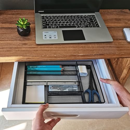 2-Pack Metal Mesh Desk Drawer Organizer Tray Set, 6-Compartment Office Drawer Organizer for Pens Supplies, 12.6"x8.27"x1.57" Black - color: 2pcs packed black