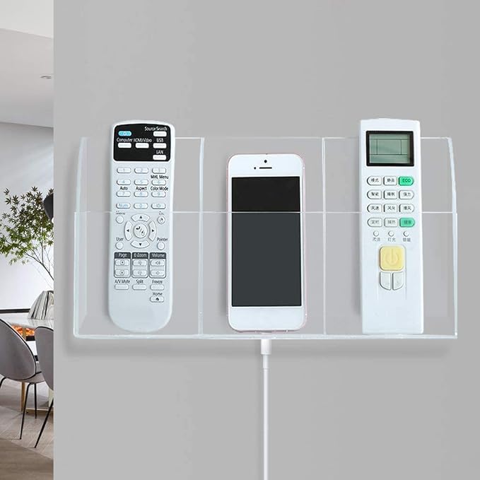 Clear Wall Tablet Holder Acrylic Wall Mounted Phone Holder for iPad Remote Control Holder Laptop Stand for eReader Storage Caddy with Charging Holes for Kindle iPhone