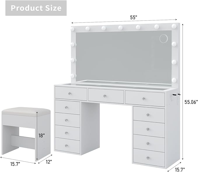 11 Drawers Vanity Desk, 55'' W Makeup Vanity with Power Outlet, Vanity Table with Mirror and 13 LED Bulbs, 3 Color Lighting Modes, Glass Top, Dressing Table for Bedroom
