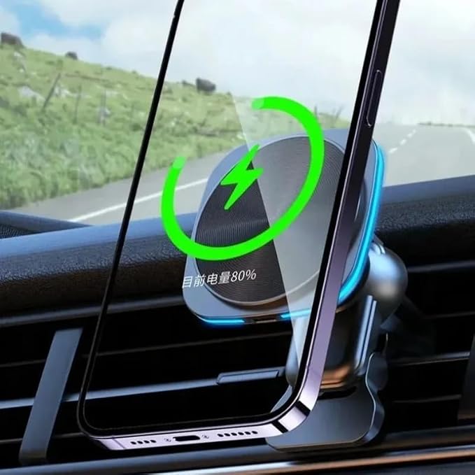 RGB LED Magnetic Wireless Charger Car Phone Holder Stand Car Mount for iPhone 17 16 15 14 16 12 Pro Max Car Fast Charging Station (White with Cable)
