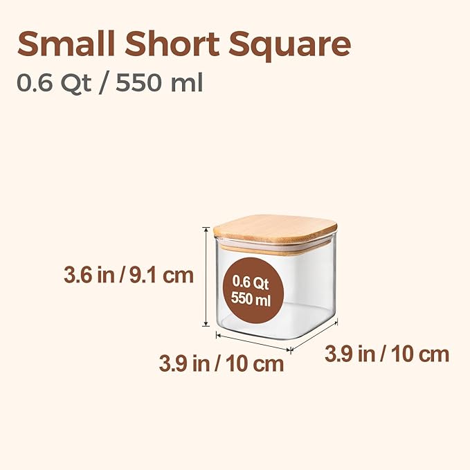 ComSaf 0.6 Qt Glass Food Storage Jars Set of 6, Clear Storage Containers with Airtight Lids, Pantry Organization Jar, Spice Jar, Blooming Tea, Coffee and Sugar Container, Canister Set for Kitchen