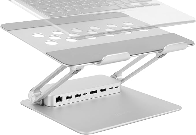 VIVO Universal 11 x 9 inch Height Adjustable Ergonomic Laptop Riser Docking Station with USB-C, USB-A, HDMI 4K60, DP 4K60, PD, RJ45, Tabletop Desk Stand Power Hub, Silver, STAND-V000LD