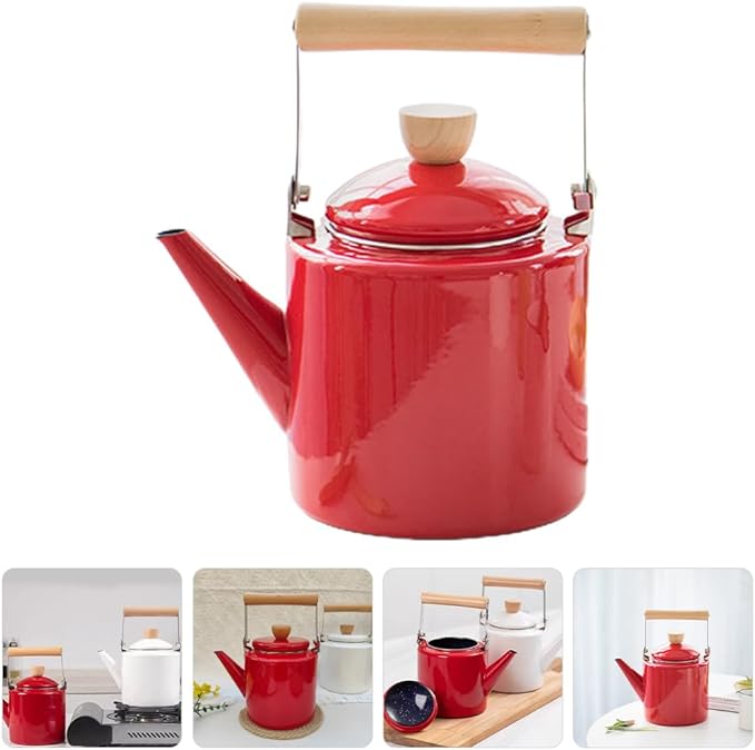 Cabilock Enamel Tea Kettle with Wooden Handle 2.4L Stovetop Water Kettle for Boiling Hot Water Coffee and Tea Suitable for Gas and Induction Cookers